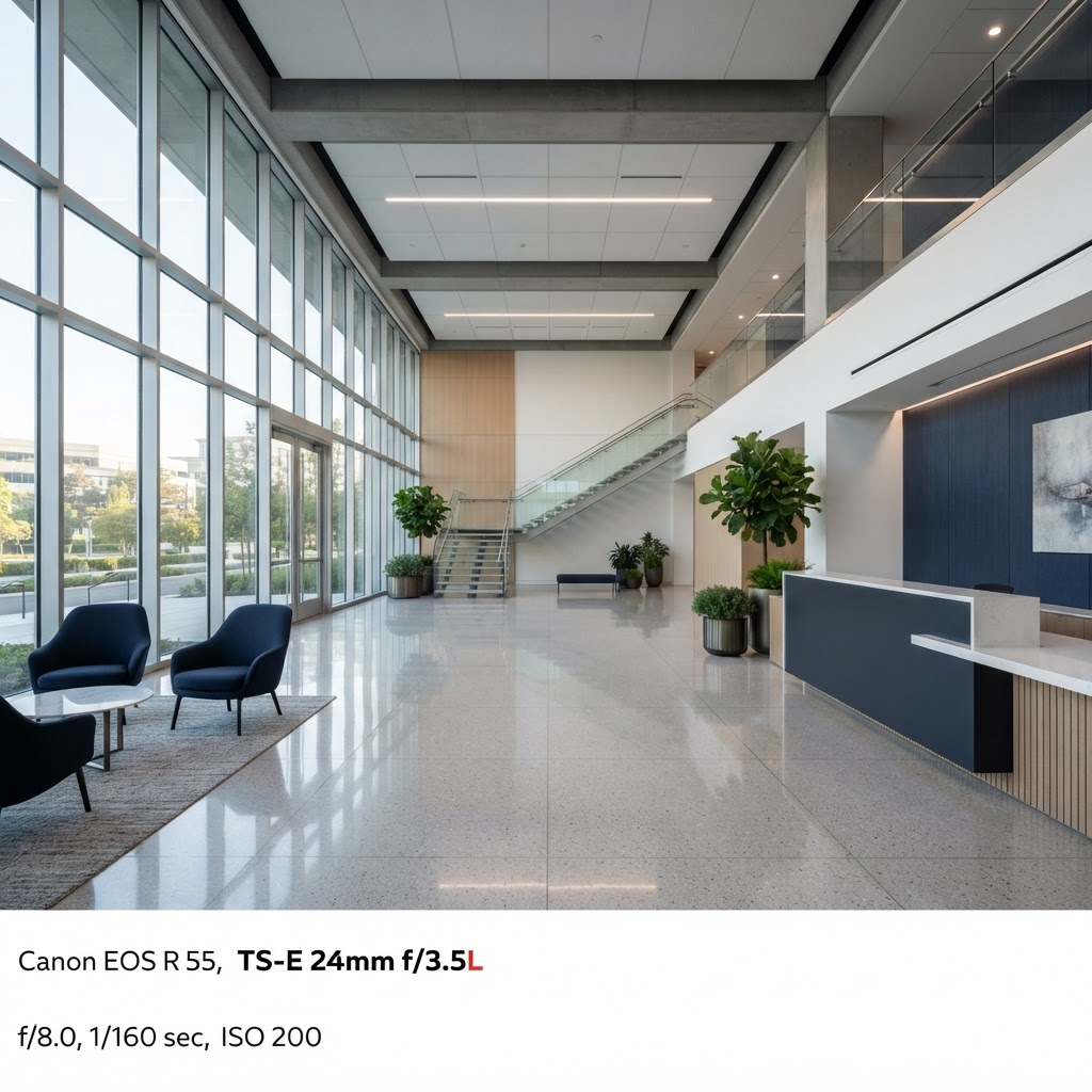 A freshly cleaned, immaculate commercial office lobby with a polished stone floor